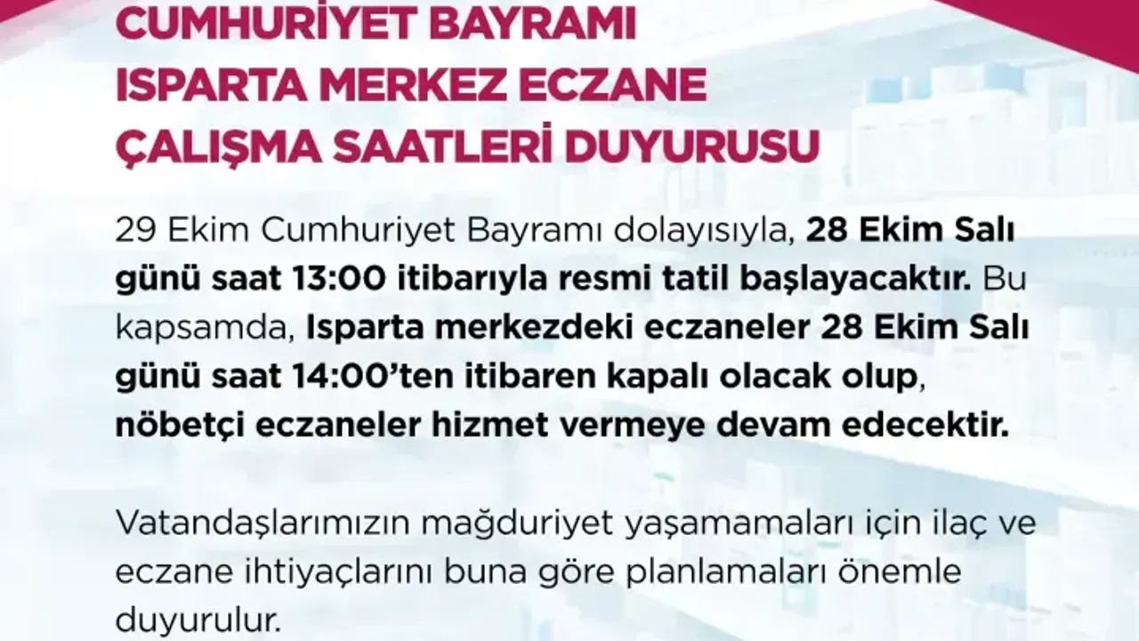 29 Ekim'de Eczaneler Açık mı?