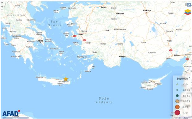 <p><span>Akdeniz beşik gibi sallanmaya devam ediyor. Bölgede yaşanan üst üste depremler korkutuyor. 4.6 ve 4.1 gibi şiddetli artçılarla sallanan Yunanistan'ın Girit Adası açıklarında büyük bir deprem daha meydana geldi. </span></p>