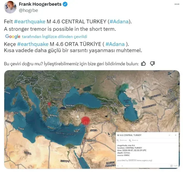 <p>Kahramanmaraş'taki yıkıcı depremleri önceden tahmin ederek dikkat çeken ve “deprem kahini” olarak tanınan Frank Hoogerbeets, bu kez Adana ve çevresindeki iller için uyarıda bulundu.<br />Sosyal medya platformu X üzerinden yaptığı açıklamada, Ağustos ayında meydana gelebilecek olası sarsıntılar hakkında bilgi verdi.</p>
<p>“ZAMAN DARALDI”</p>
<p>Hoogerbeets, Adana’nın yanı sıra Kayseri, Osmaniye, Hatay, Kilis ve diğer bazı iller için risk uyarısında bulundu. Sabah saatlerinde Adana'da yaşanan üç ayrı depremin ardından, Hoogerbeets'in paylaşımı büyük ilgi uyandırdı. Sosyal medya hesabında paylaştığı haritada, bu illerin risk altında olduğunu vurgulayan Hoogerbeets, Ağustos ayında 4.6 büyüklüğündeki bir depremin yaşanabileceğini belirtti.</p>