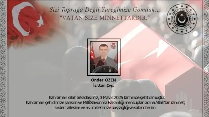 <p>Milli Savunma Bakanlığı (MSB), Irak’ın kuzeyinde sürdürülen Pençe (Hakurk) Operasyon bölgesinde arama- tarama faaliyetleri sırasında mayın/ EYP’ye basması sonucu yaralanan İstihkam Uzman Çavuş Önder Özen’in şehit olduğunu duyurdu.</p>